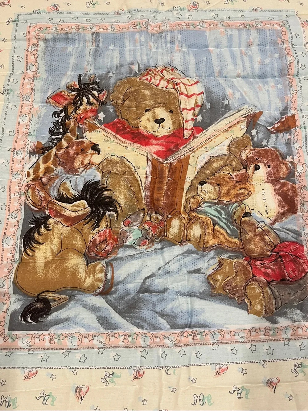 once upon a Time Teddy Bear Story Quilted Baby Blanket - Cream, Blue, Red